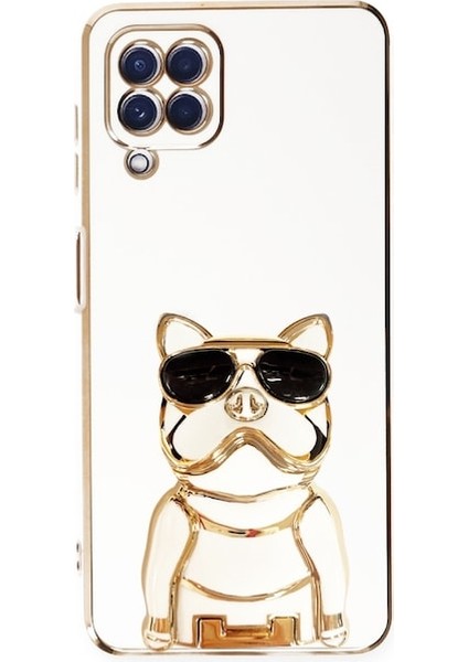 Samsung Galaxy A12 Case Kılıf Kamera Korumalı Köpek Desenli Standlı Silikon Beyaz