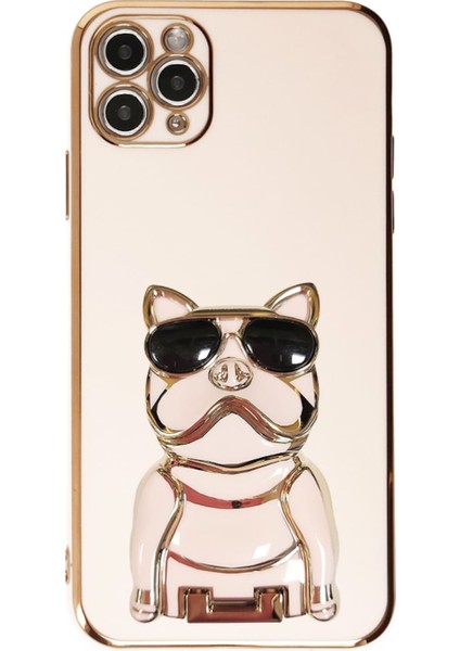 Apple iPhone 13 Pro Max Case Kılıf Kamera Korumalı Köpek Desenli Standlı Silikon Pembe