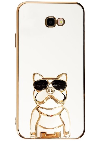 Samsung Galaxy J7 Prime Kılıf Kamera Korumalı Köpek Desenli Standlı Silikon Beyaz