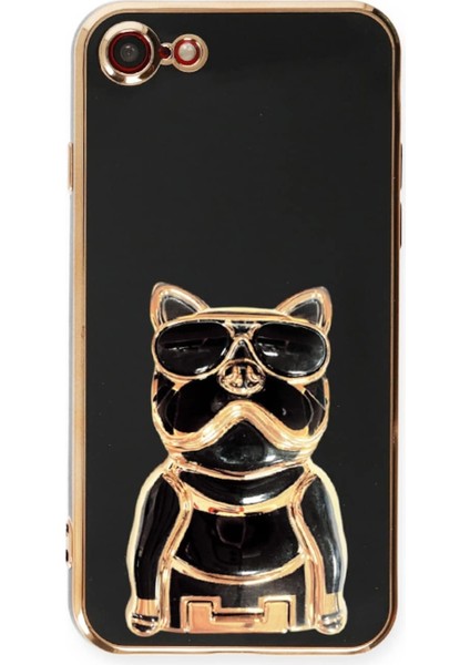 Apple iPhone 7 Kılıf Kamera Korumalı Köpek Desenli Standlı Silikon Siyah