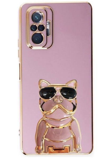 Xiaomi Redmi Note 10 Pro Max Case Kılıf Kamera Korumalı Köpek Desenli Standlı Silikon Mor