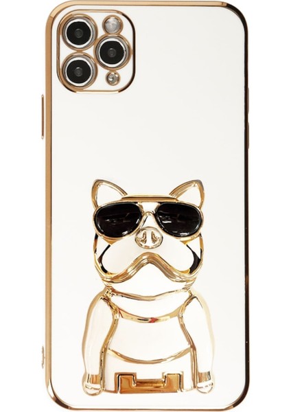 Apple iPhone 13 Pro Max Case Kılıf Kamera Korumalı Köpek Desenli Standlı Silikon Beyaz