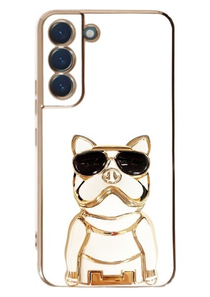 S22 5g Kılıf Kamera Korumalı Köpek Desenli Standlı Silikon Beyaz