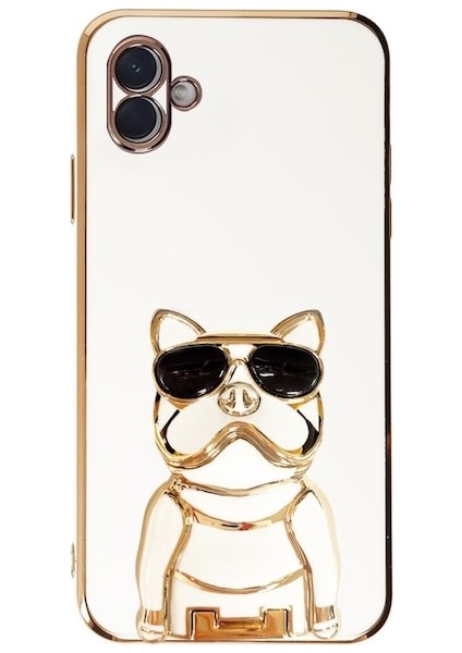 Samsung Galaxy A04E Kılıf Kamera Korumalı Köpek Desenli Standlı Silikon Beyaz