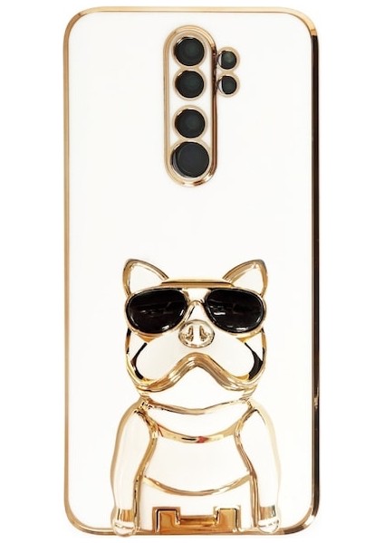 Xiaomi Redmi Note 8 Pro Kılıf Kamera Korumalı Köpek Desenli Standlı Silikon Beyaz