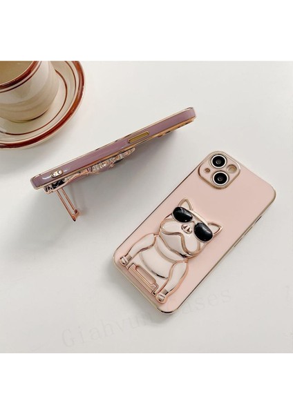 Apple iPhone 13 Mini Case Kılıf Kamera Korumalı Köpek Desenli Standlı Silikon Mor