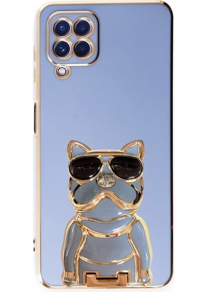 Samsung Galaxy M22 Case Kılıf Kamera Korumalı Köpek Desenli Standlı Silikon Mavi