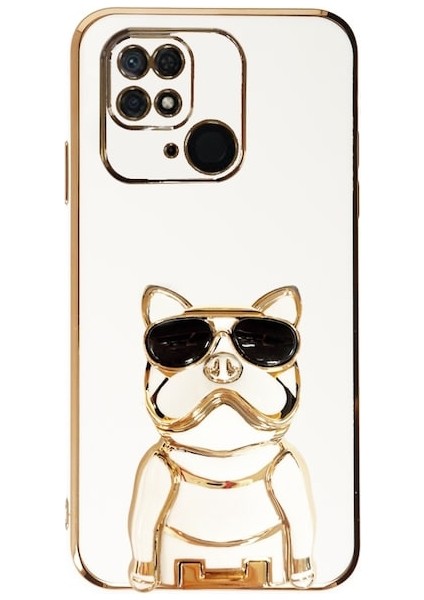 Xiaomi Redmi 10C Case Kılıf Kamera Korumalı Köpek Desenli Standlı Silikon Beyaz