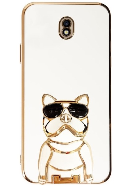 Galaxy J7 Pro J730F Case Kılıf Kamera Korumalı Köpek Desenli Standlı Silikon Beyaz