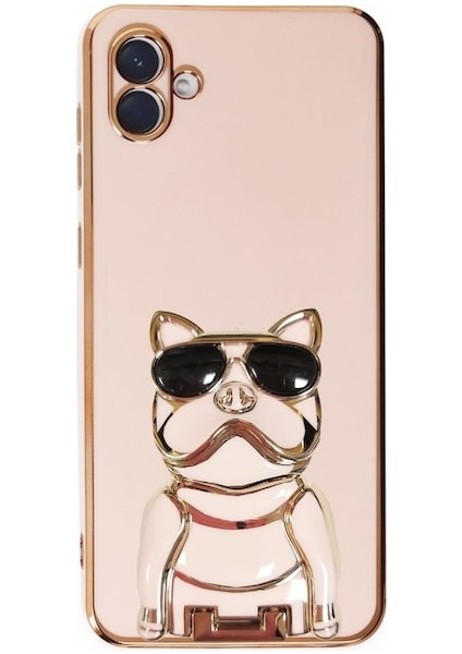 Samsung Galaxy A04 Case Kılıf Kamera Korumalı Köpek Desenli Standlı Silikon Pembe
