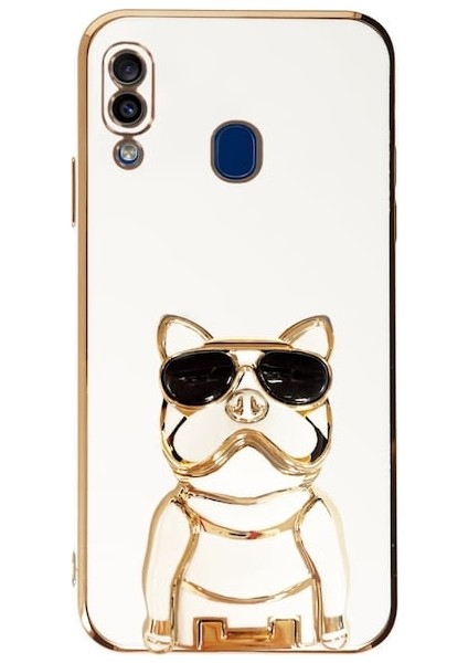 Samsung Galaxy A20 Case Kılıf Kamera Korumalı Köpek Desenli Standlı Silikon Beyaz