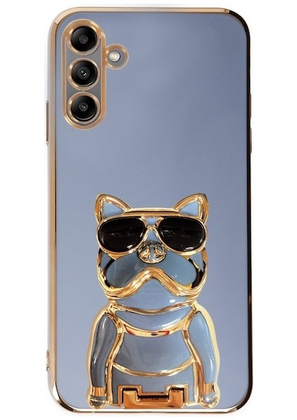 Samsung Galaxy A04S Kılıf Kamera Korumalı Köpek Desenli Standlı Silikon Mavi
