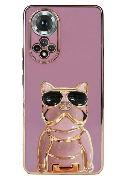 Huawei Nova 9 Kılıf Kamera Korumalı Köpek Desenli Standlı Silikon Mor