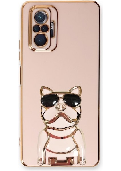 Xiaomi Redmi Note 10 Pro Kılıf Kamera Korumalı Köpek Desenli Standlı Silikon Pembe