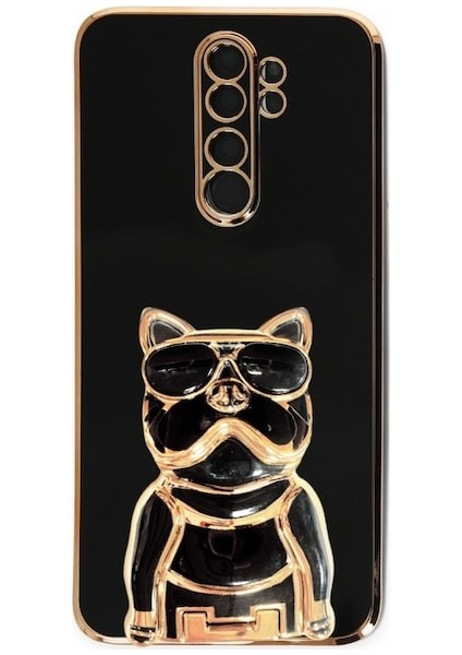 Xiaomi Redmi Note 8 Pro Kılıf Kamera Korumalı Köpek Desenli Standlı Silikon Siyah