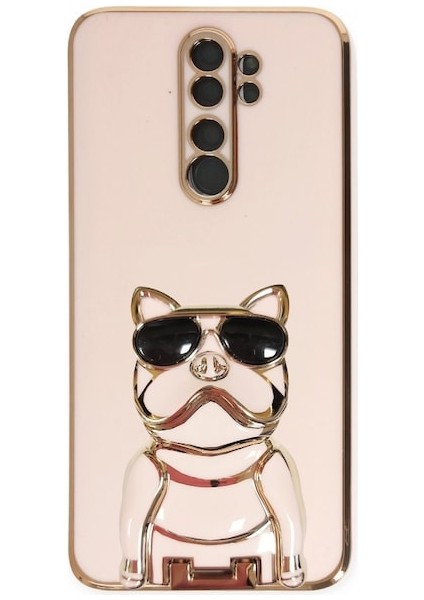 Xiaomi Redmi Note 8 Pro Kılıf Kamera Korumalı Köpek Desenli Standlı Silikon Pembe