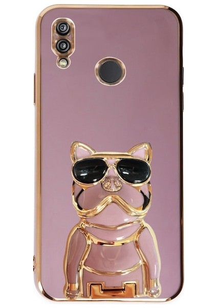 Huawei P20 Lite Case Kılıf Kamera Korumalı Köpek Desenli Standlı Silikon Mor