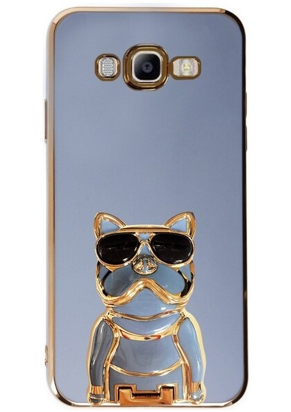 Samsung Galaxy J7 2015 Case Kılıf Kamera Korumalı Köpek Desenli Standlı Silikon Mavi