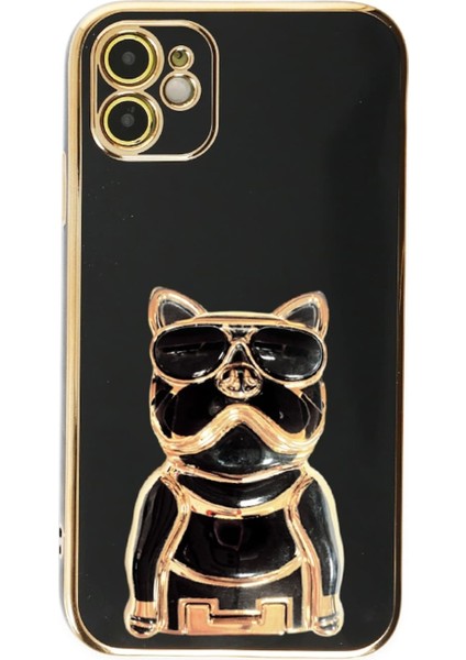 Apple iPhone 11 Case Kılıf Kamera Korumalı Köpek Desenli Standlı Silikon Siyah