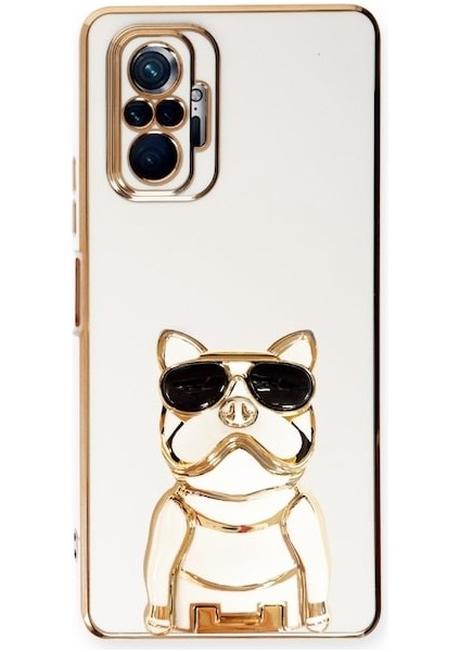 Xiaomi Redmi Note 10 Pro Max Case Kılıf Kamera Korumalı Köpek Desenli Standlı Silikon Beyaz