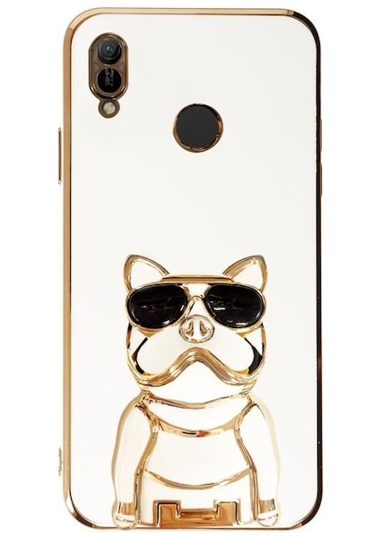 Huawei Y6 2019 Case Kılıf Kamera Korumalı Köpek Desenli Standlı Silikon Beyaz