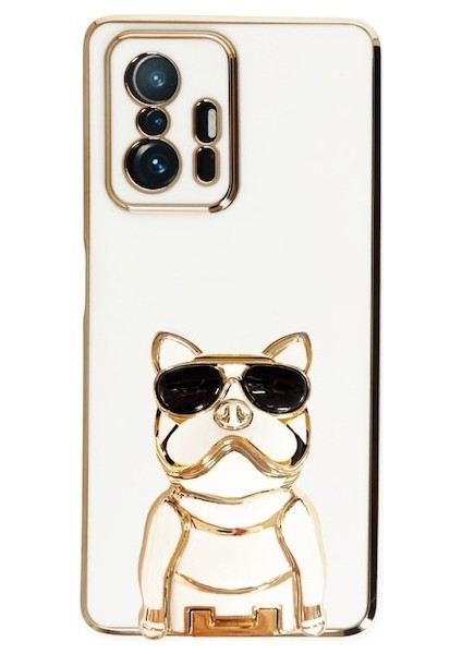 Xiaomi Mi 11T 5g Case Kılıf Kamera Korumalı Köpek Desenli Standlı Silikon Beyaz