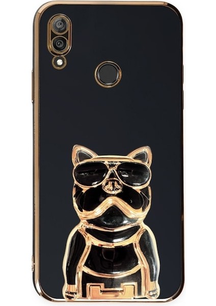 Huawei Y7 Prime 2019 Case Kılıf Kamera Korumalı Köpek Desenli Standlı Silikon Siyah