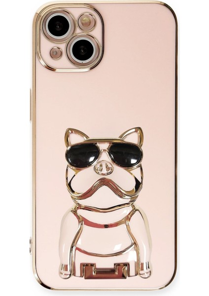 Apple iPhone 14 Plus Case Kılıf Kamera Korumalı Köpek Desenli Standlı Silikon Pembe