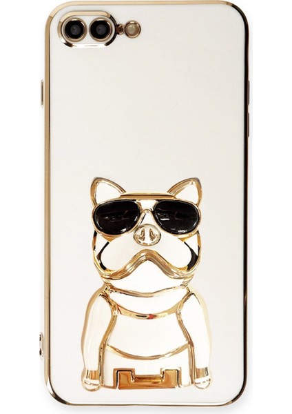 Apple iPhone 8 Plus Case Kılıf Kamera Korumalı Köpek Desenli Standlı Silikon Beyaz