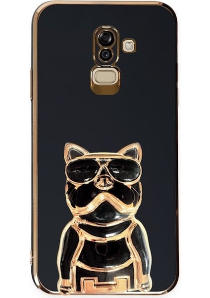 Samsung Galaxy A6 Plus 2018 Case Kılıf Kamera Korumalı Köpek Desenli Standlı Silikon Siyah