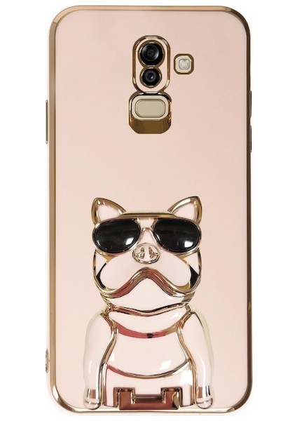 Samsung Galaxy A6 Plus 2018 Case Kılıf Kamera Korumalı Köpek Desenli Standlı Silikon Pembe