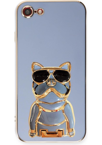 Apple iPhone 7 Case Kılıf Kamera Korumalı Köpek Desenli Standlı Silikon Mavi