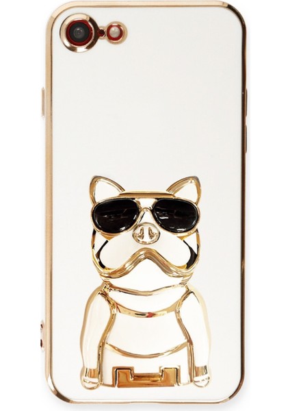 Apple iPhone 7 Case Kılıf Kamera Korumalı Köpek Desenli Standlı Silikon Beyaz