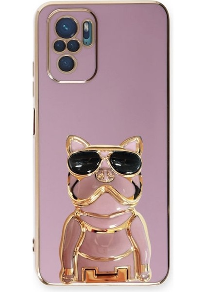 Xiaomi Redmi Note 10 Case Kılıf Kamera Korumalı Köpek Desenli Standlı Silikon Mor