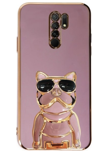 Xiaomi Redmi 9 Case Kılıf Kamera Korumalı Köpek Desenli Standlı Silikon Mor