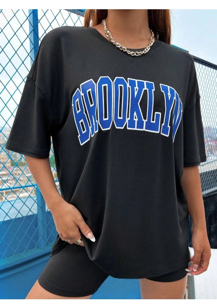 Unisex Oversize Brooklyn Baskılı Siyah T-Shirt