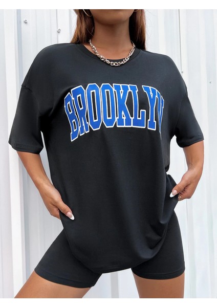 Unisex Oversize Brooklyn Baskılı Siyah T-Shirt