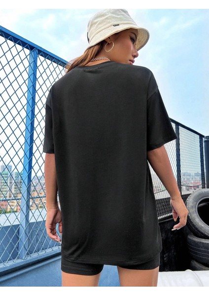 Unisex Oversize Brooklyn Baskılı Siyah T-Shirt