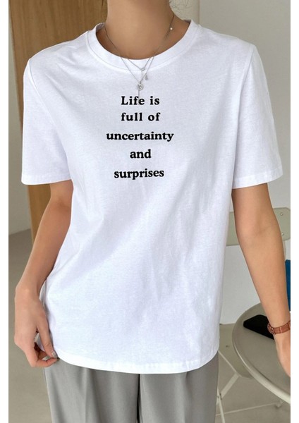 Unisex Beyaz Life Is Baskılı Oversize T-Shirt