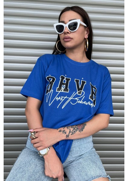 Kadın Bhvr Mavi Oversize Baskılı T-Shirt