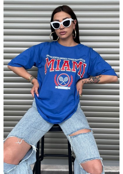 Miami Oversize Kadın Baskılı Mavi T-Shirt