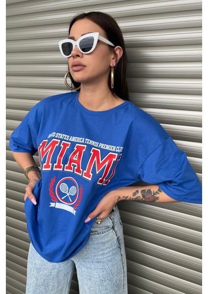 Miami Oversize Kadın Baskılı Mavi T-Shirt