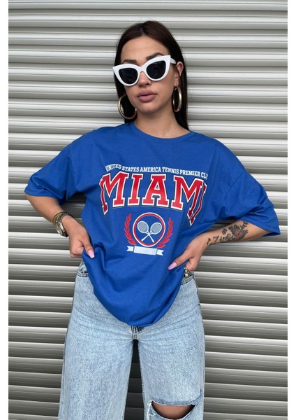 Miami Oversize Kadın Baskılı Mavi T-Shirt