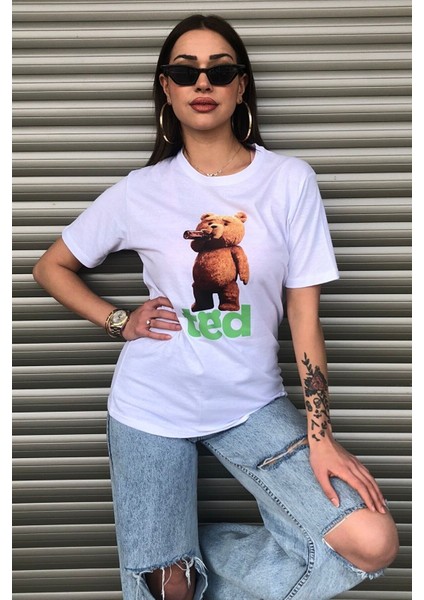 Kadın Ayı Teddy Baskılı Oversize Beyaz T-Shirt