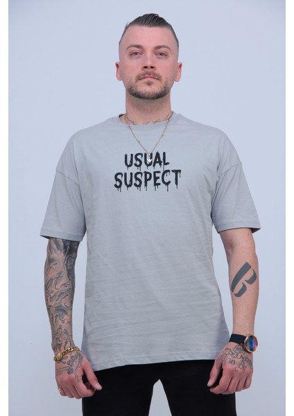 Erkek Gri Usual Suspect Yazı Baskılı Oversize T-Shirt