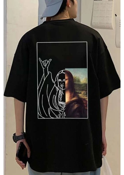 Erkek Siyah Mona Lisa Baskılı Oversize T-Shirt