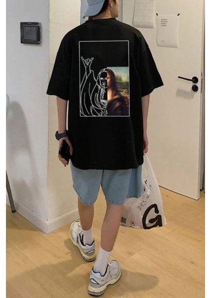 Erkek Siyah Mona Lisa Baskılı Oversize T-Shirt