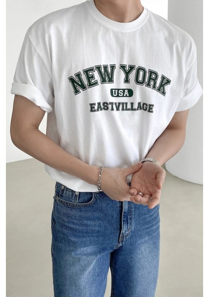 Erkek New York Baskılı Beyaz Oversize T-Shirt