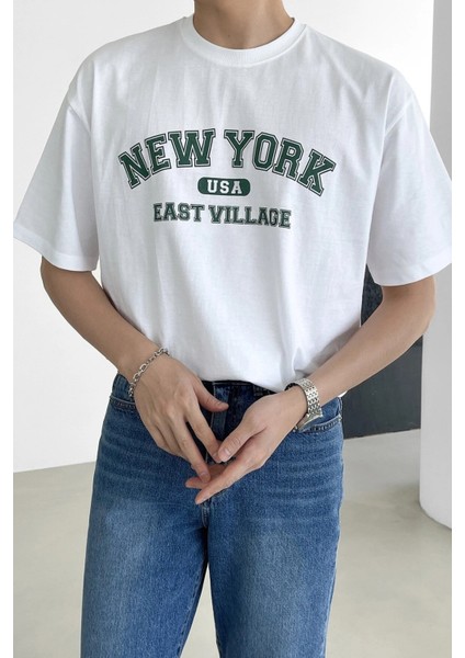 Erkek New York Baskılı Beyaz Oversize T-Shirt