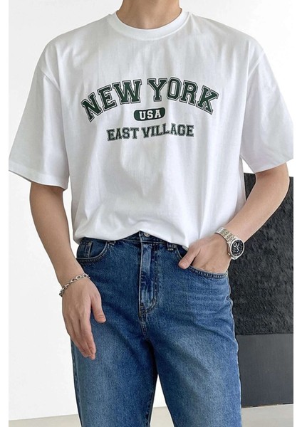 Erkek New York Baskılı Beyaz Oversize T-Shirt